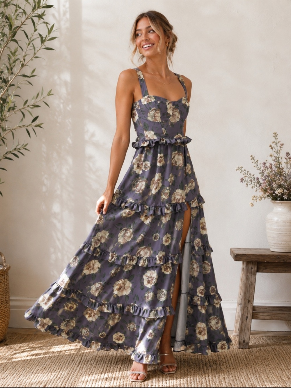 Petal & Pup Lillee Tiered Maxi Dress Lavender Floral Size M
